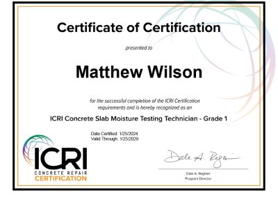 ICRI Certified Concrete Slab Moisture Testing Technician.